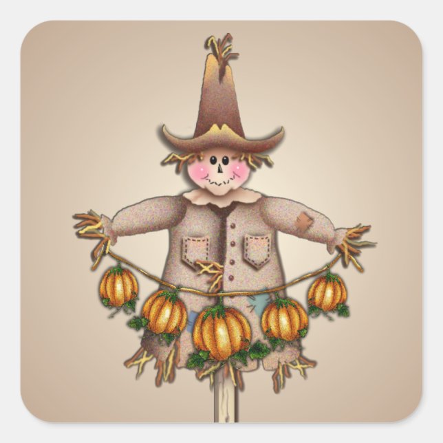 Pegatina Cuadrada SCARECROW & PUMPKIN GARLAND por SHARON SHARPE (Anverso)