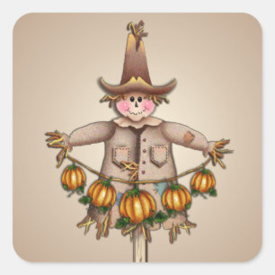 Pegatina Cuadrada SCARECROW & PUMPKIN GARLAND por SHARON SHARPE