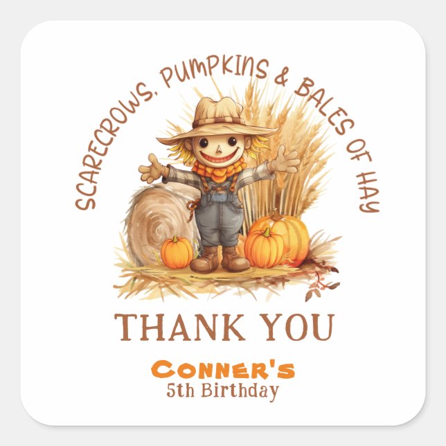 PEGATINA CUADRADA SCARECROW PUMPKINS & BALES DE CUMPLEAÑOS HASTA LA  (Anverso)