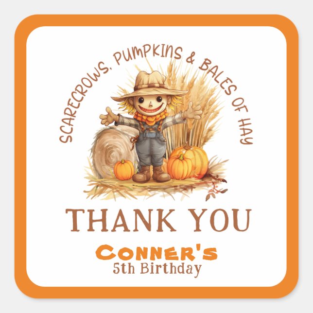 PEGATINA CUADRADA SCARECROW PUMPKINS & BALES DE CUMPLEAÑOS HASTA LA  (Anverso)