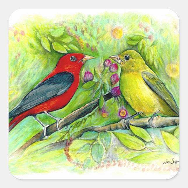 Pegatina Cuadrada Scarlet Tanagers Bird Art (Anverso)