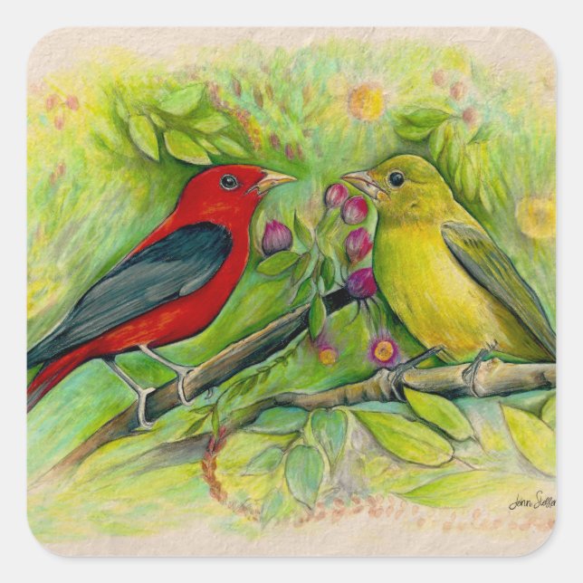 Pegatina Cuadrada Scarlet Tanagers Bird Art (Anverso)