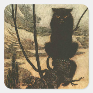 Pegatina Cuadrada Scary Halloween Black Cat Vintage Rackham