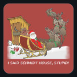 Pegatina Cuadrada Schmidt House Funny Christmas Sticker<br><div class="desc">¡Hey! ¿Qué pasó aquí? ¿Alguien necesita que sus cuernos se retiren? Esta peculiar pegatina navideña tiene una imagen de Santa y su reno aterrizando cerca del apartamento. ¡Agreguemos un poco de humor a la fiesta!</div>