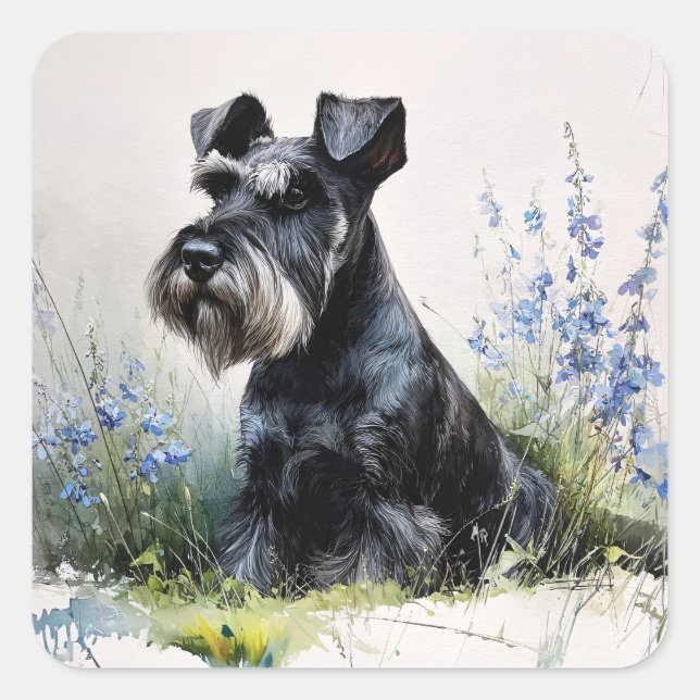 Pegatina Cuadrada Schnauzer acuarela (Anverso)