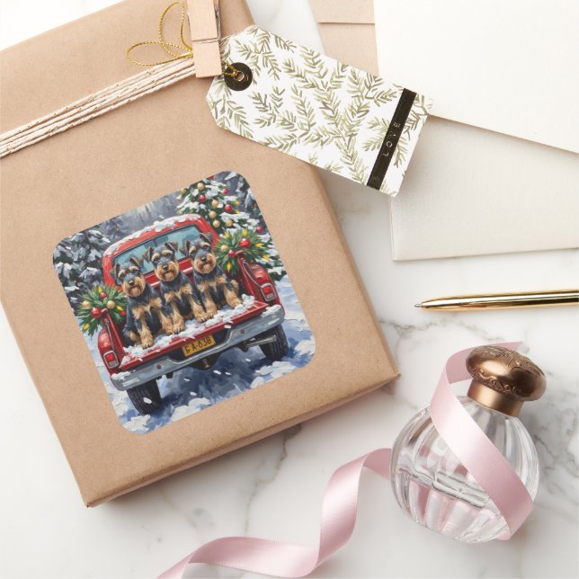 Pegatina Cuadrada Schnauzer Christmas Red Truck Holiday (Regalar)