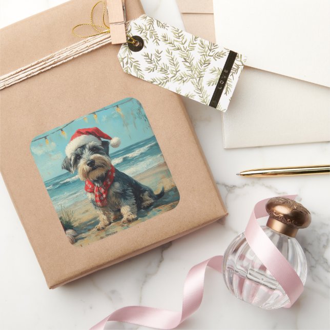 Pegatina Cuadrada Schnauzer Dog Navidades Vintage Beach (Regalar)