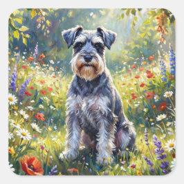 Pegatina Cuadrada Schnauzer en prado de flores silvestres