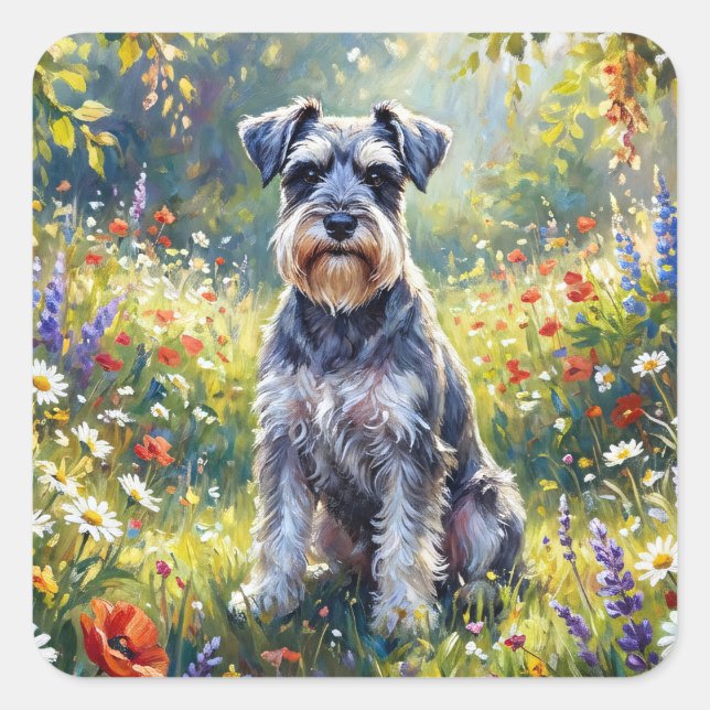Pegatina Cuadrada Schnauzer en prado de flores silvestres (Anverso)