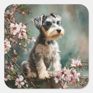 Pegatina Cuadrada Schnauzer Puppy Among Spring Cherry Blossoms