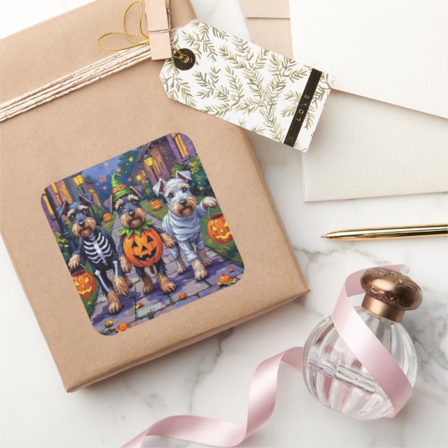 Pegatina Cuadrada Schnauzer Trick-or-Treating in Halloween Costumes (Regalar)