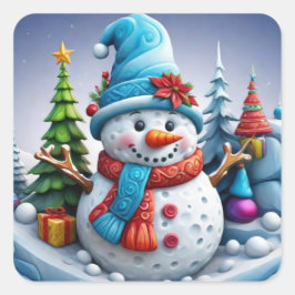 Pegatina Cuadrada Schneemann in Winterlandschaft -
