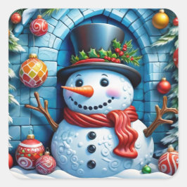 Pegatina Cuadrada Schneemann mit Weihnachtsdeko -
