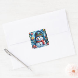 Pegatina Cuadrada Schneemann mit Weihnachtsdeko - 