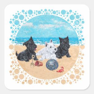 Pegatina Cuadrada Scottie y cachorros Westie en la playa
