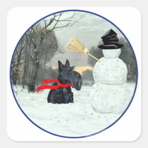 Pegatina Cuadrada Scottie y muñeco de nieve