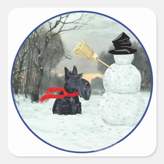 Pegatina Cuadrada Scottie y muñeco de nieve (Anverso)