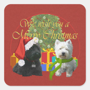 Pegatina Cuadrada Scottie y Westie Feliz Navidad