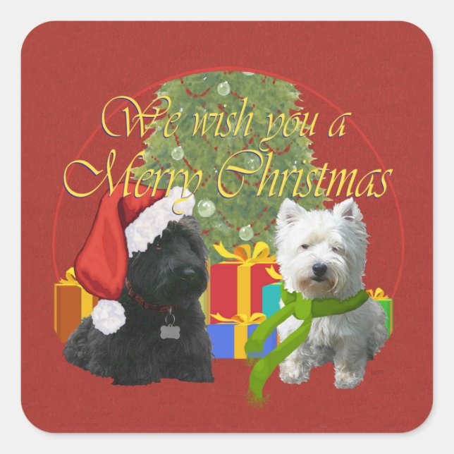 Pegatina Cuadrada Scottie y Westie Feliz Navidad (Anverso)