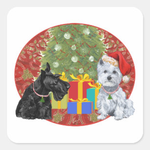Pegatina Cuadrada Scottie y Westie Navidad