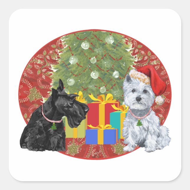 Pegatina Cuadrada Scottie y Westie Navidad (Anverso)