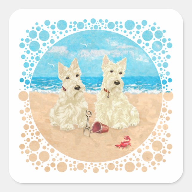 Pegatina Cuadrada Scotties trigueños en la playa (Anverso)