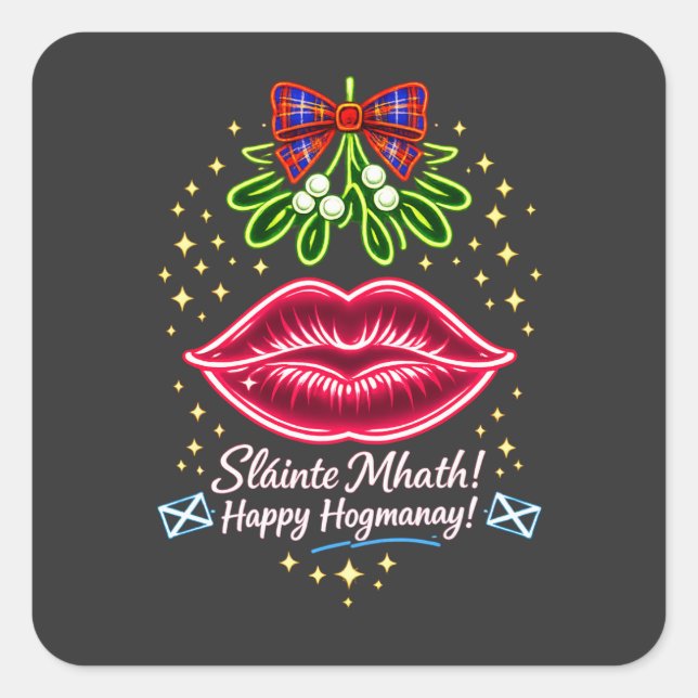 Pegatina Cuadrada Scottish Hogmanay Mistletoe Neon Tartan Gift (Anverso)