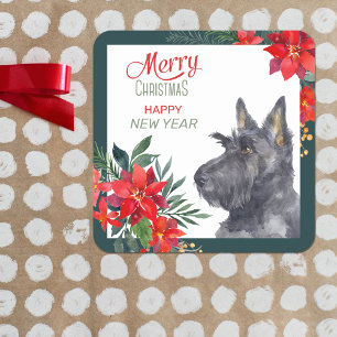 Pegatina Cuadrada Scottish Terrier Dog Poinsettia Bouquet
