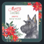 Pegatina Cuadrada Scottish Terrier Dog Poinsettia Bouquet<br><div class="desc">On this sticker, an adorable black Scottish Terrier is framed with Holiday watercolor red poinsettia bouquets. A outer border of matching blue green surrounds the interior white, and more poinsettia images are at the top right corner. The red and teal text says "MERRY CHRISTMAS HAPPY NEW YEAR". Pretty for your...</div>