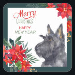 Pegatina Cuadrada Scottish Terrier Dog Poinsettia Bouquet<br><div class="desc">On this sticker, an adorable black Scottish Terrier is framed with Holiday watercolor red poinsettia bouquets. A outer border of matching blue green surrounds the interior white, and more poinsettia images are at the top right corner. The red and teal text says "MERRY CHRISTMAS HAPPY NEW YEAR". Pretty for your...</div>