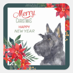 Pegatina Cuadrada Scottish Terrier Dog Poinsettia Bouquet