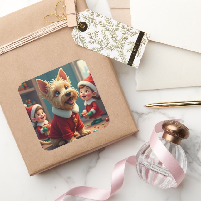 Pegatina Cuadrada Scottish Terrier Helping Santa’s Elves Christmas (Regalar)