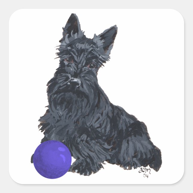 Pegatina Cuadrada Scottish Terrier Play with Me! (Anverso)