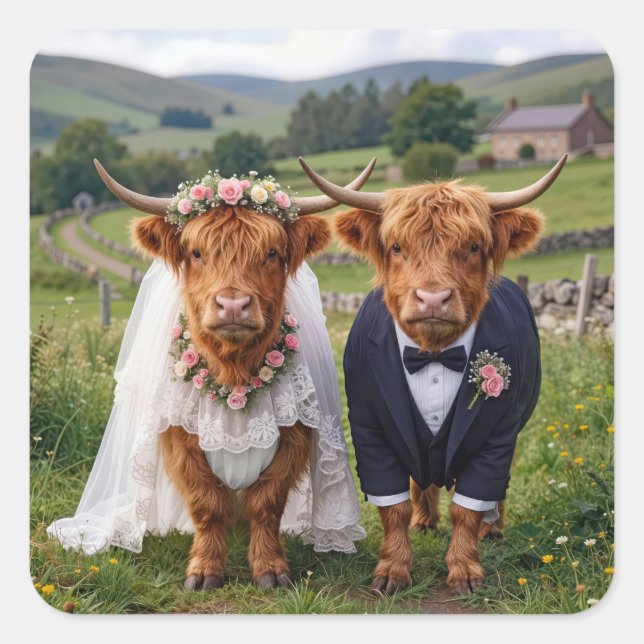 Pegatina Cuadrada Scottish Wedding Highland Cows (Anverso)