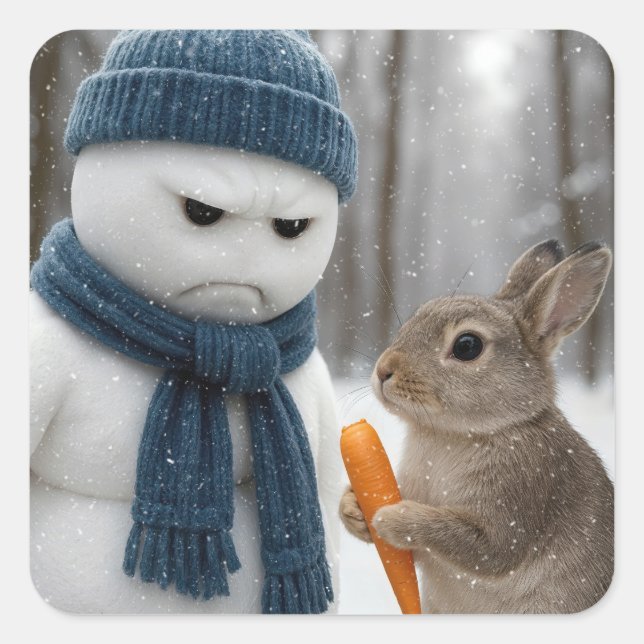 Pegatina Cuadrada Scowling Christmas Snowman With a Bunny (Anverso)