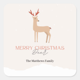 Pegatina Cuadrada Script Creamy Biege Navidades Deer & Family Name