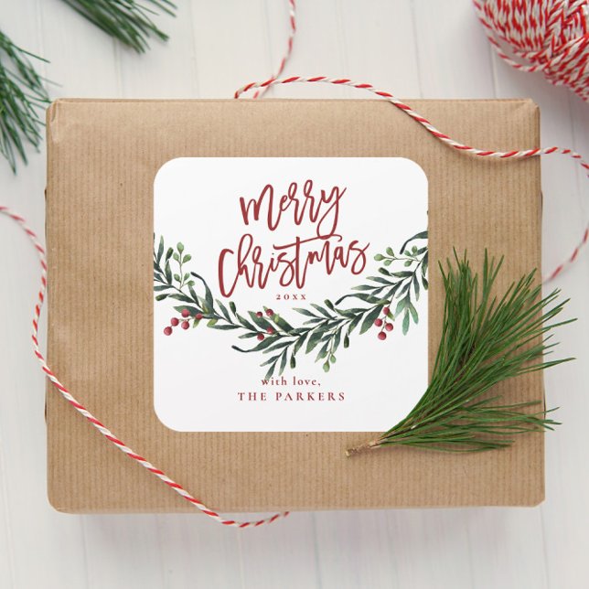 Pegatina Cuadrada Script Feliz Navidad Acuarela (Script Merry Christmas Greenery Gift Tag Sticker.)
