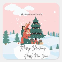 Pegatina Cuadrada Script Feliz Navidad y Feliz Año Nuevo árbol
