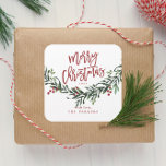 Pegatina Cuadrada Script Merry Christmas Watercolor<br><div class="desc">Pegatina festivo,  rojo,  verde y blanco alegre de Navidad,  favorece pegatina o envoltorio con escritura audaz y vegetación acuarela con hojas y bayas.</div>
