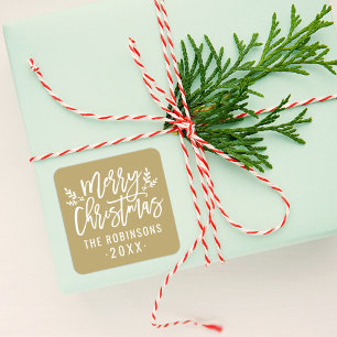 Pegatina Cuadrada Script Moderno Dorado Feliz Navidad Personalizado