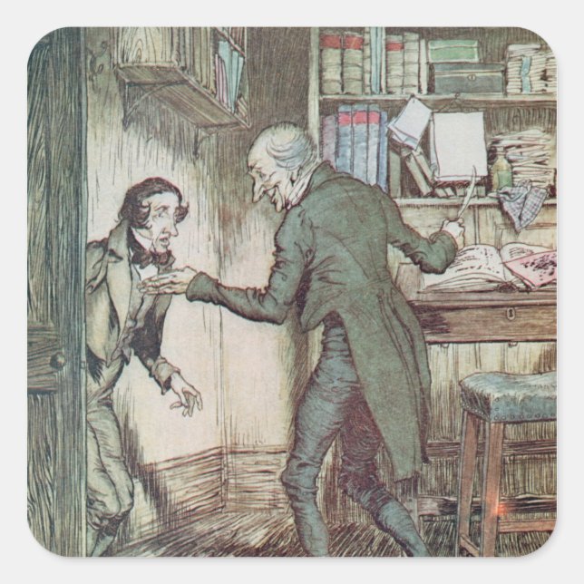 Pegatina Cuadrada Scrooge y Bob Cratchit (Anverso)