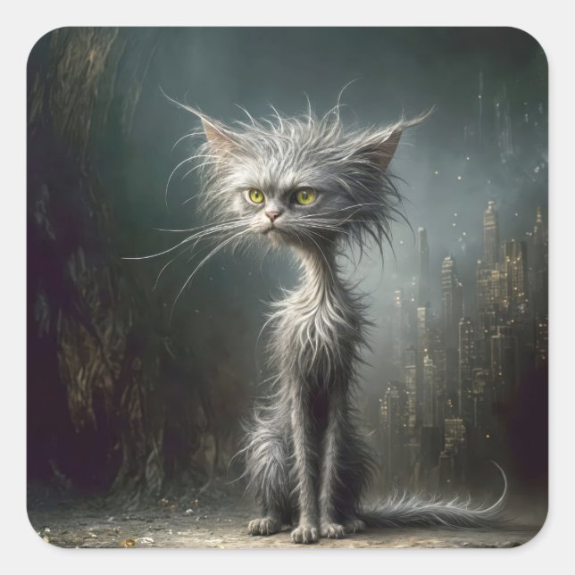 Pegatina Cuadrada Scruffy City Street Cat (Anverso)