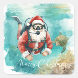 Pegatina Cuadrada Scuba Santa Underwater Merry Christmas