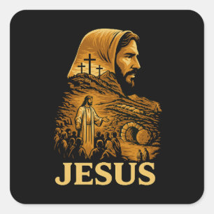 Pegatina Cuadrada Se eleva Jesús Cristiano Feliz Pascua