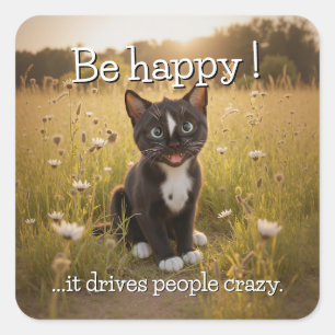 Pegatina Cuadrada Sé feliz - Gato alegre en la naturaleza