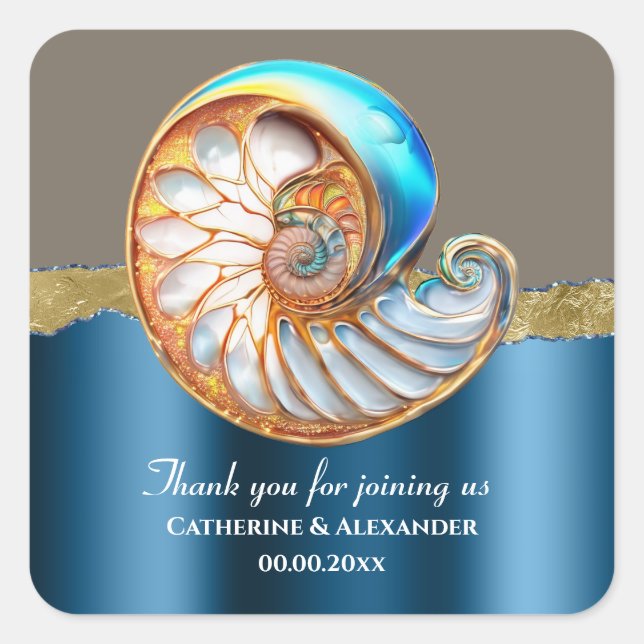 Pegatina Cuadrada Sea Blue Gold Conch Shell Thank You (Anverso)