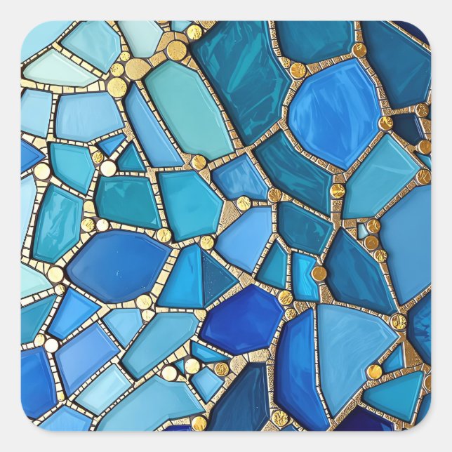 Pegatina Cuadrada Sea of Waves Blue and Gold Mosaic Fine Art (Anverso)