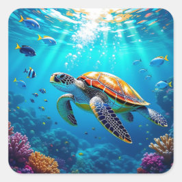 Pegatina Cuadrada Sea Turtle Colorful Underwater Scene  