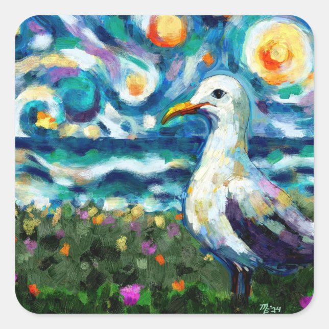 Pegatina Cuadrada Seagull Van Gogh Style Beach Sky Blue Verde azulad (Anverso)