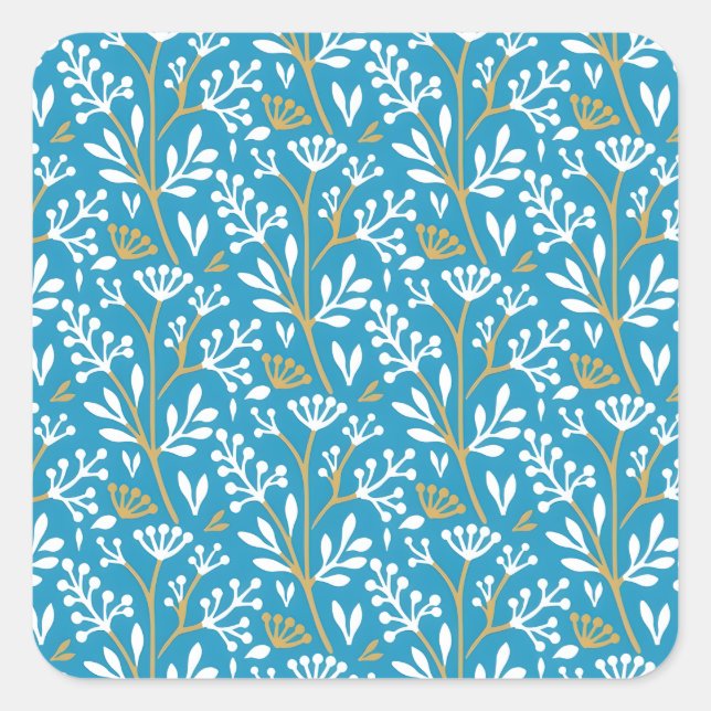 Pegatina Cuadrada Seamless Floral Pattern: White and Gold on Blue (Anverso)
